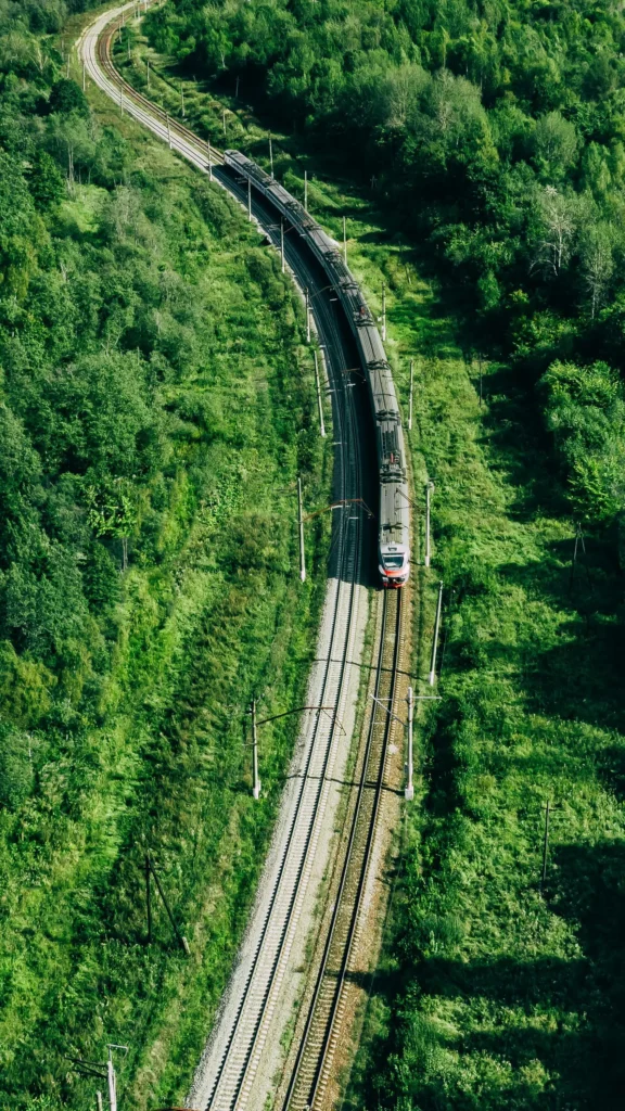 Aerial drone view of train in beautiful green summer forest