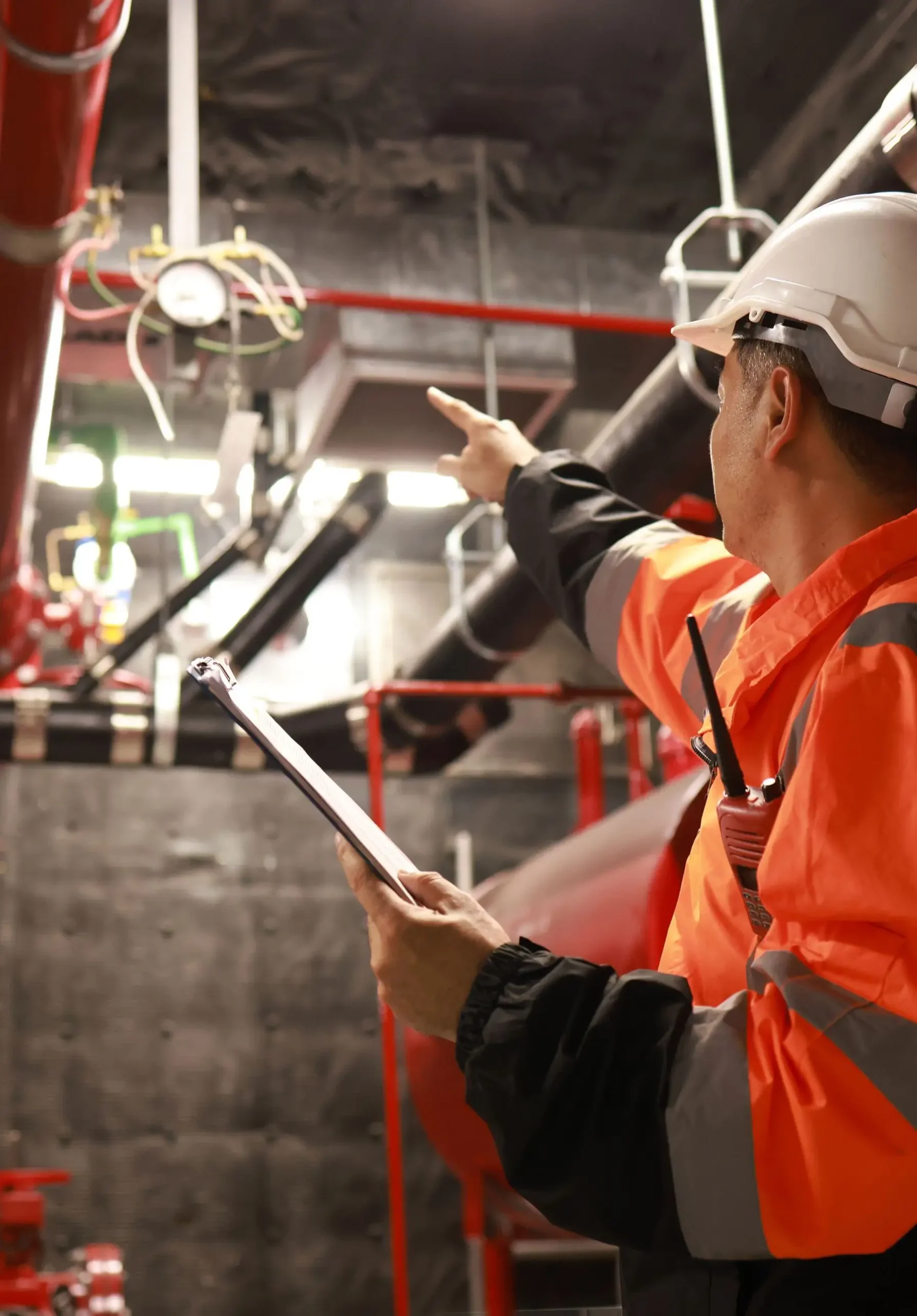 engineer inspects the safety equipment on the fire extinguishing system