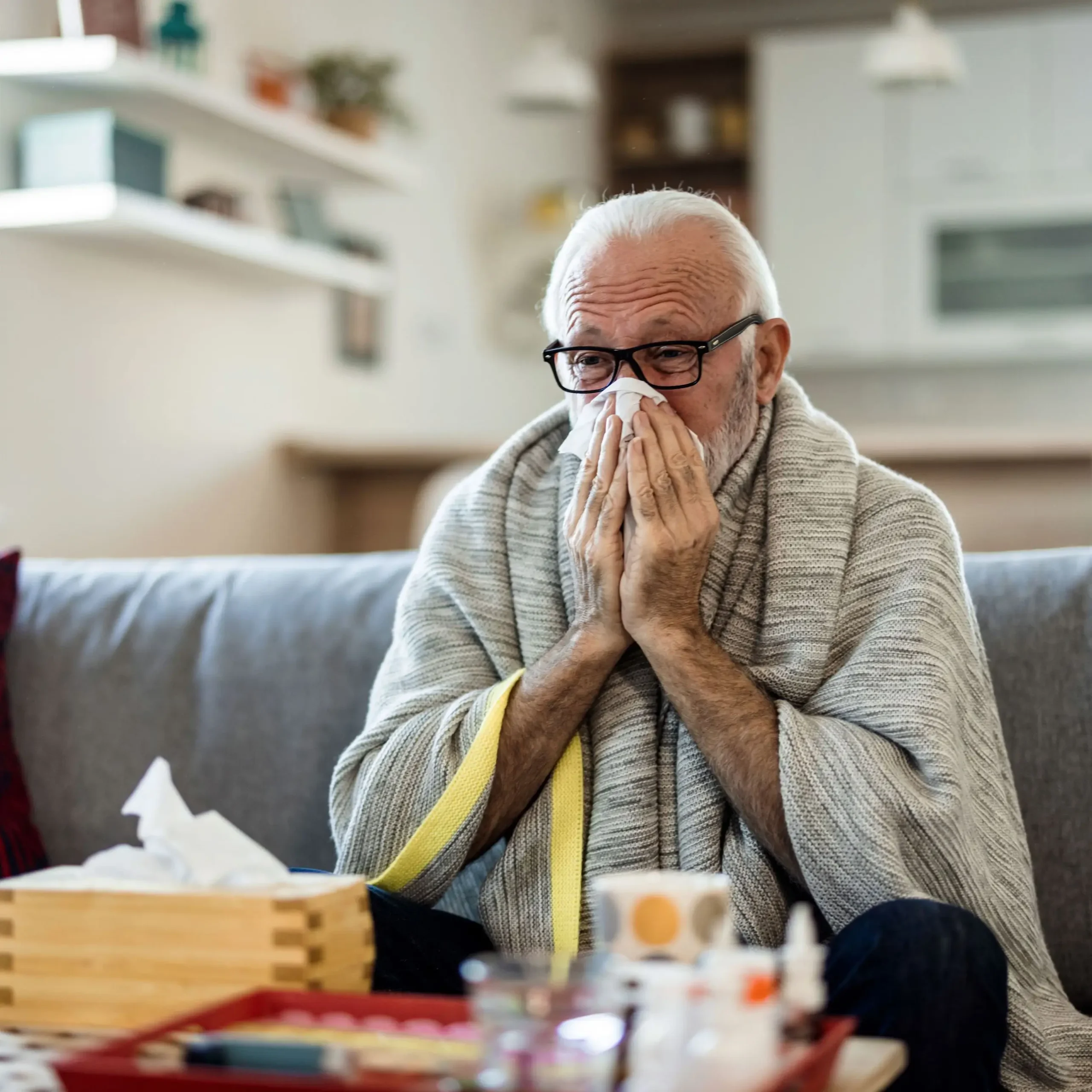 Cold exhausted senior man with flu
