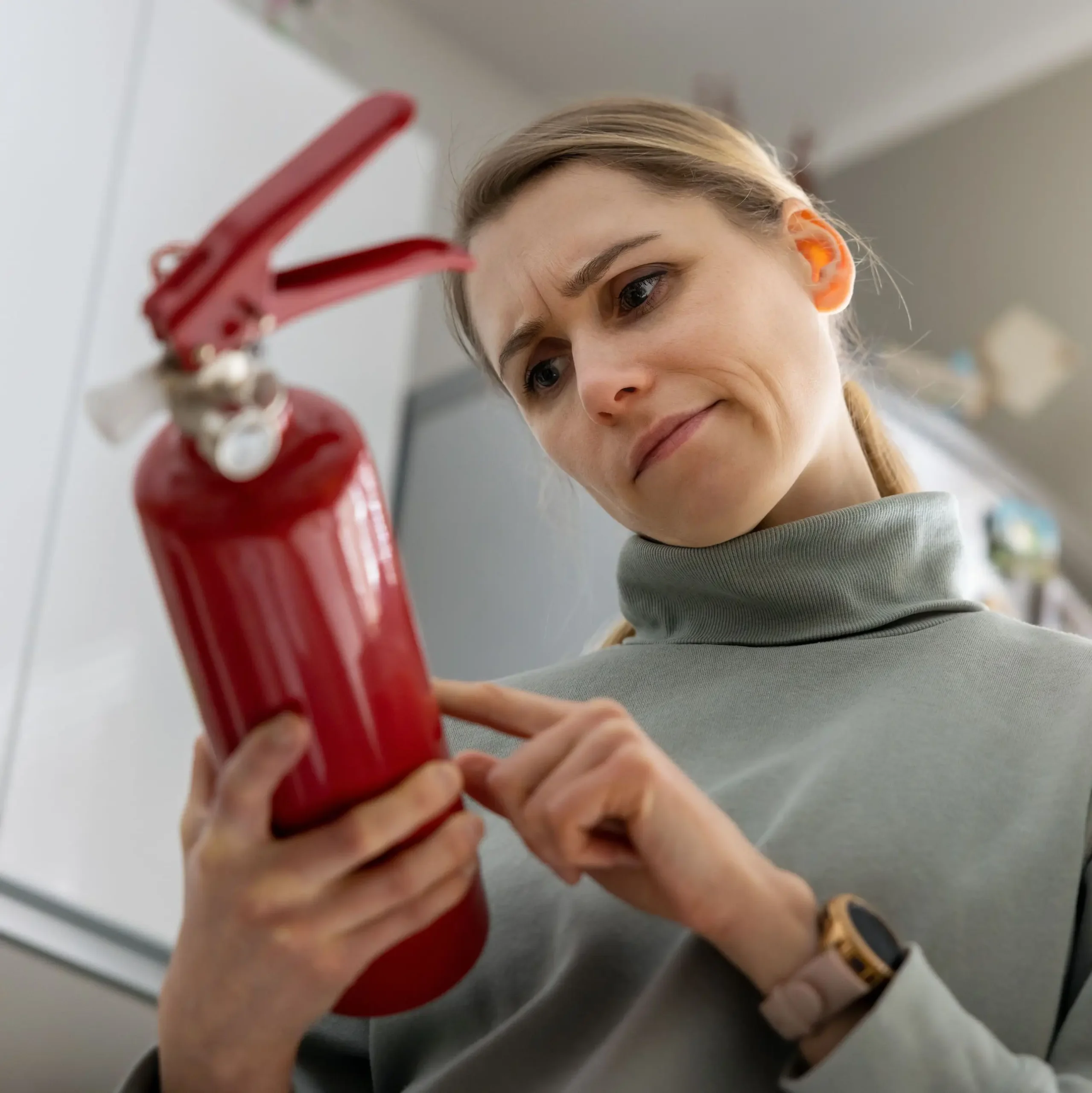 Woman check the fire extinguisher