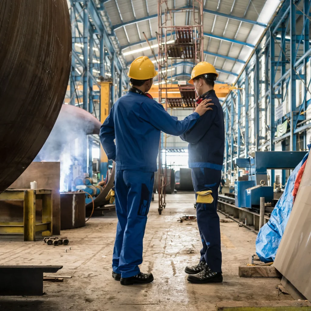 Two workers wearing yellow hard hat and blue uniform stock photo