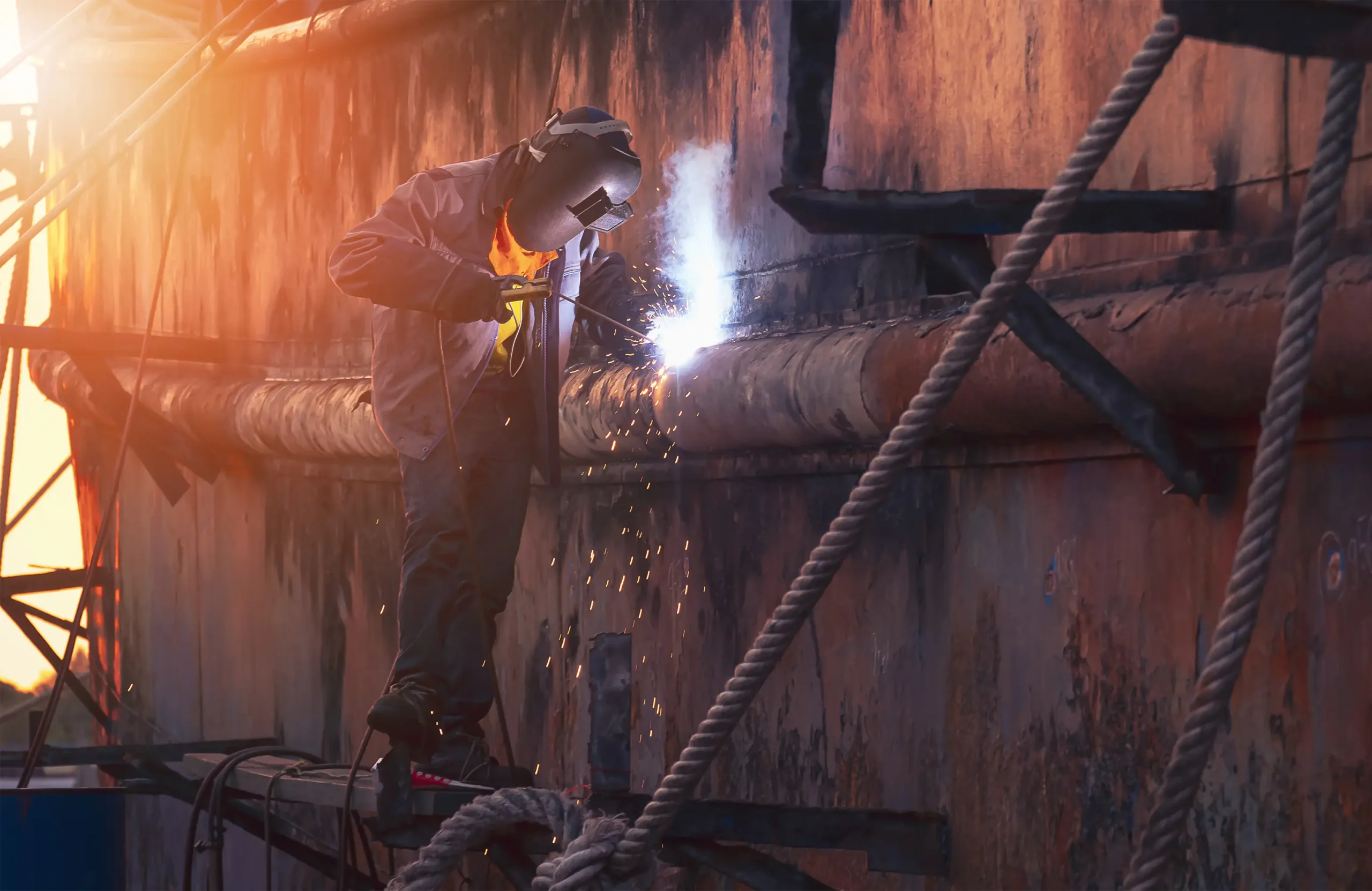 Welder in protective workwear on scaffold is welding the old rusty vessel hull