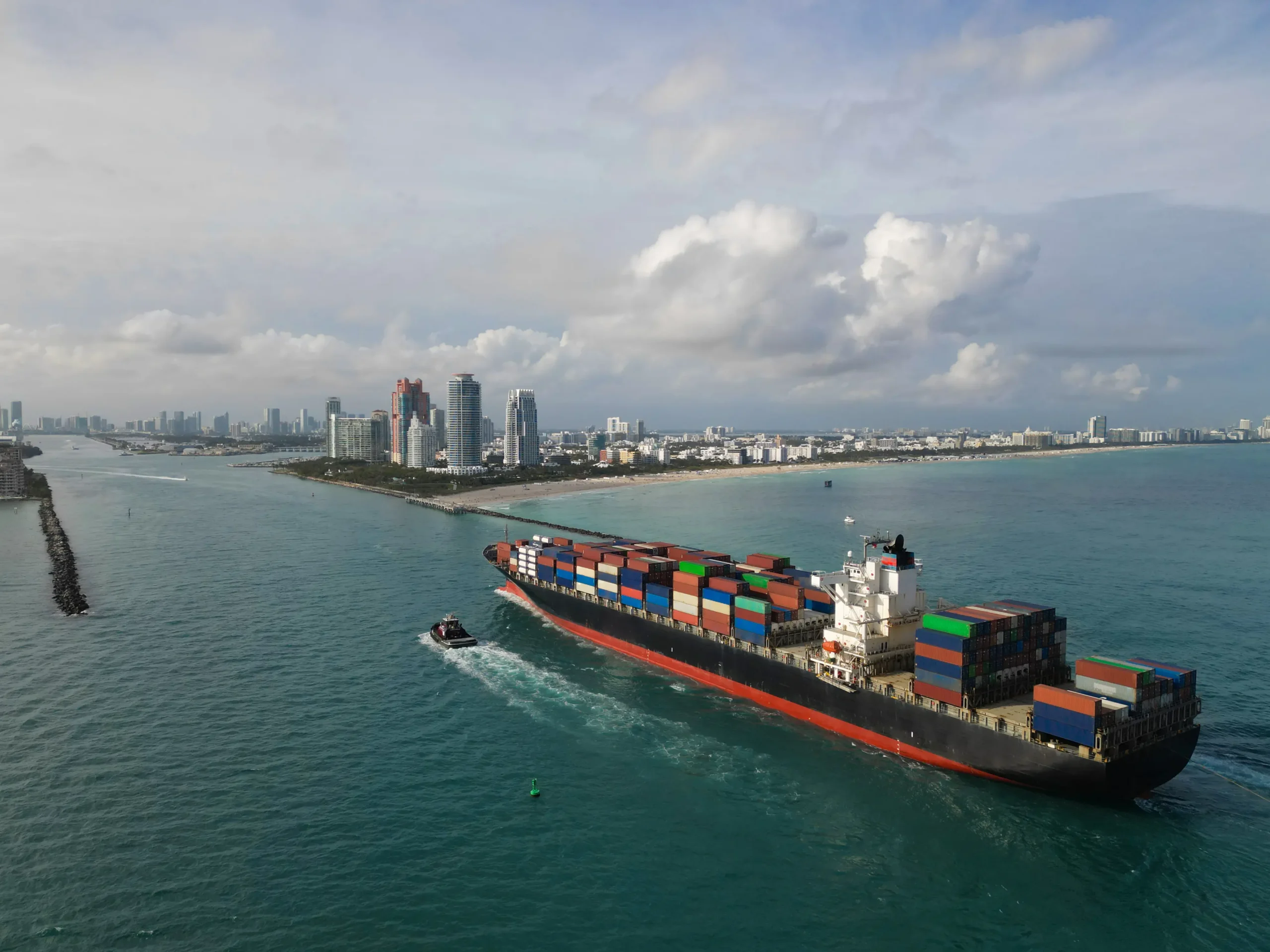 Cargo ship vessel leaving port