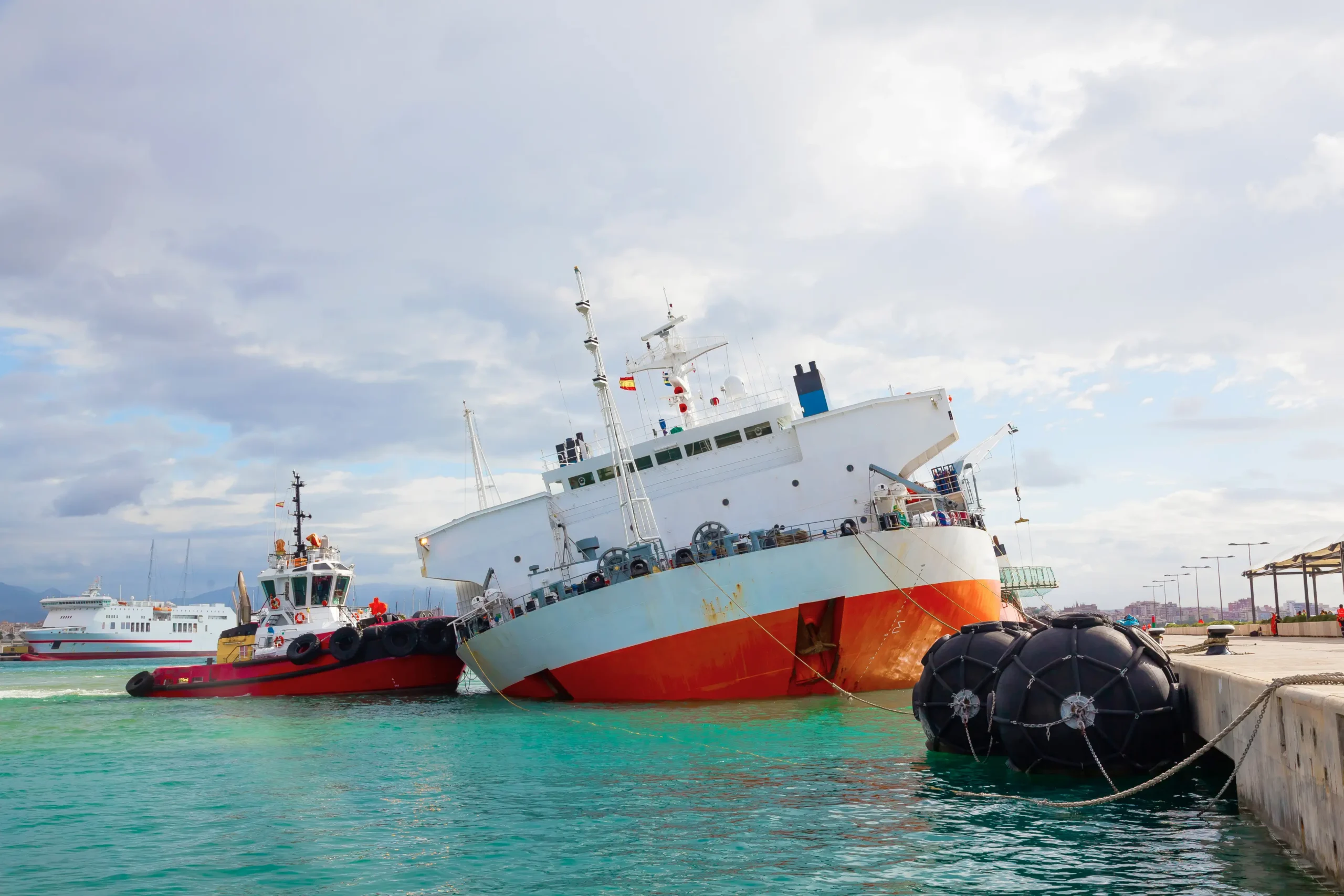 The transport ship sinks in the port