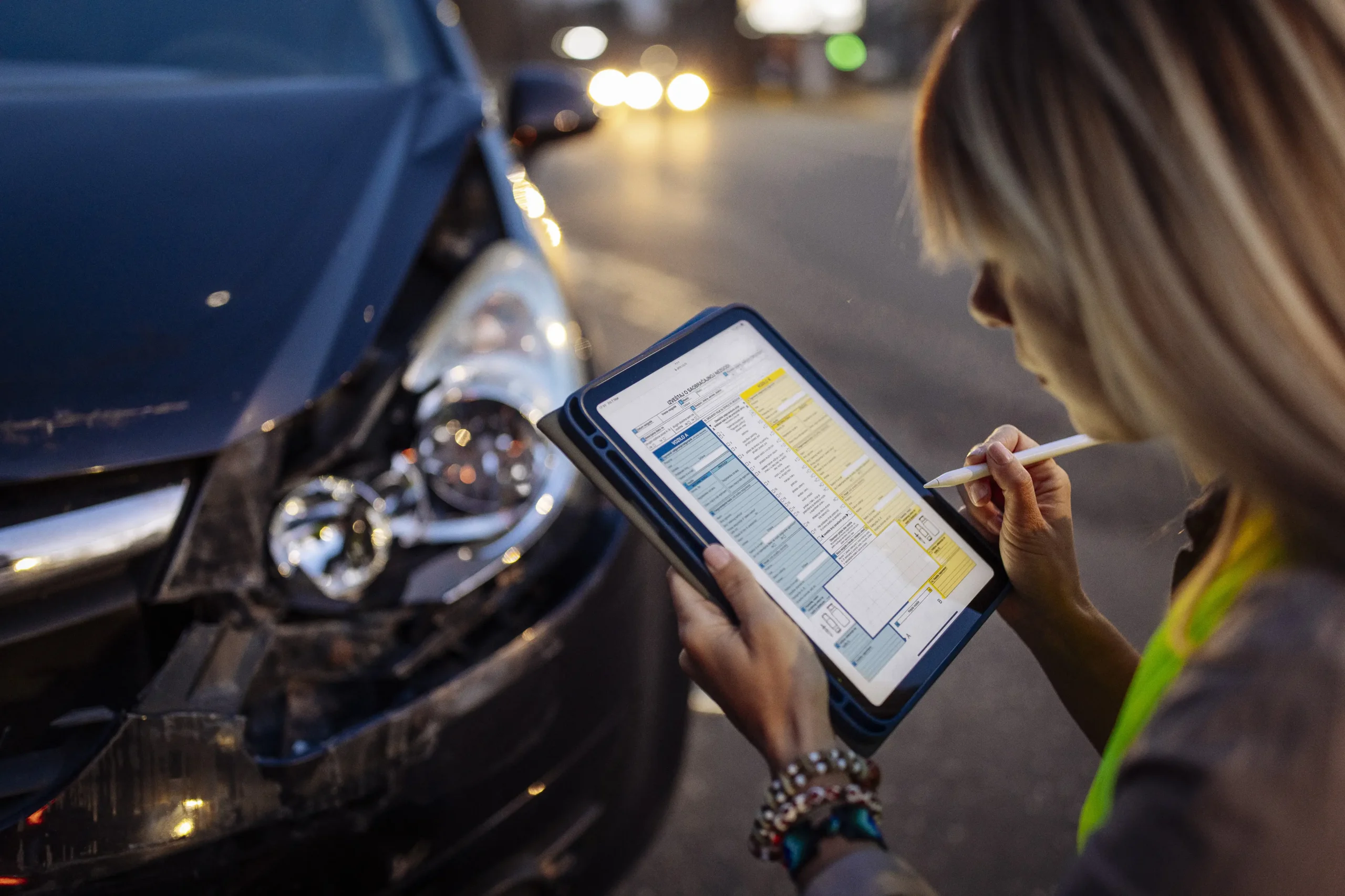 Woman filling accident report after car crash