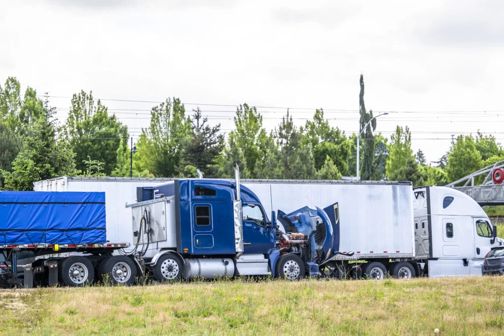 big rig semi truck with open hood