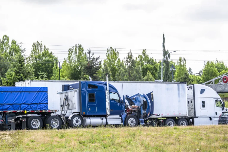 big rig semi truck with open hood